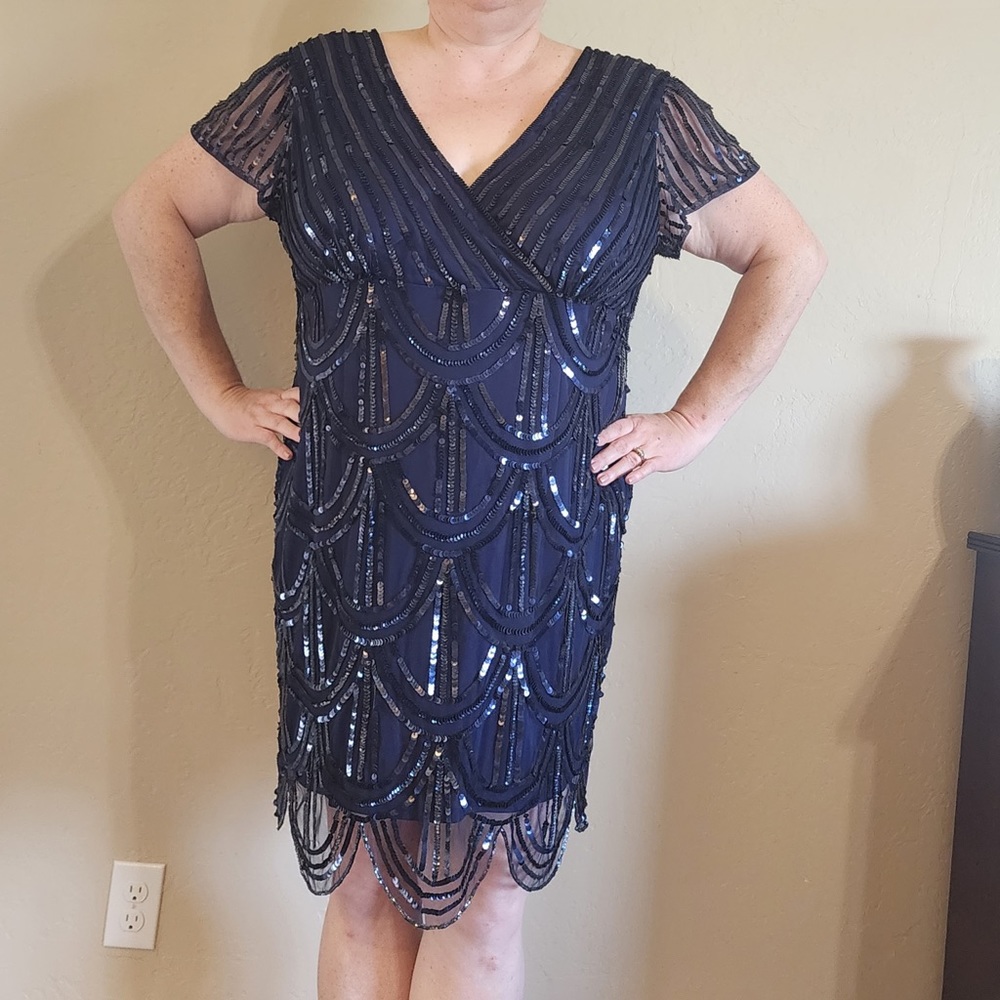Blu Sage Midi Sequined Gown - Plus Size 24 - Navy Blue